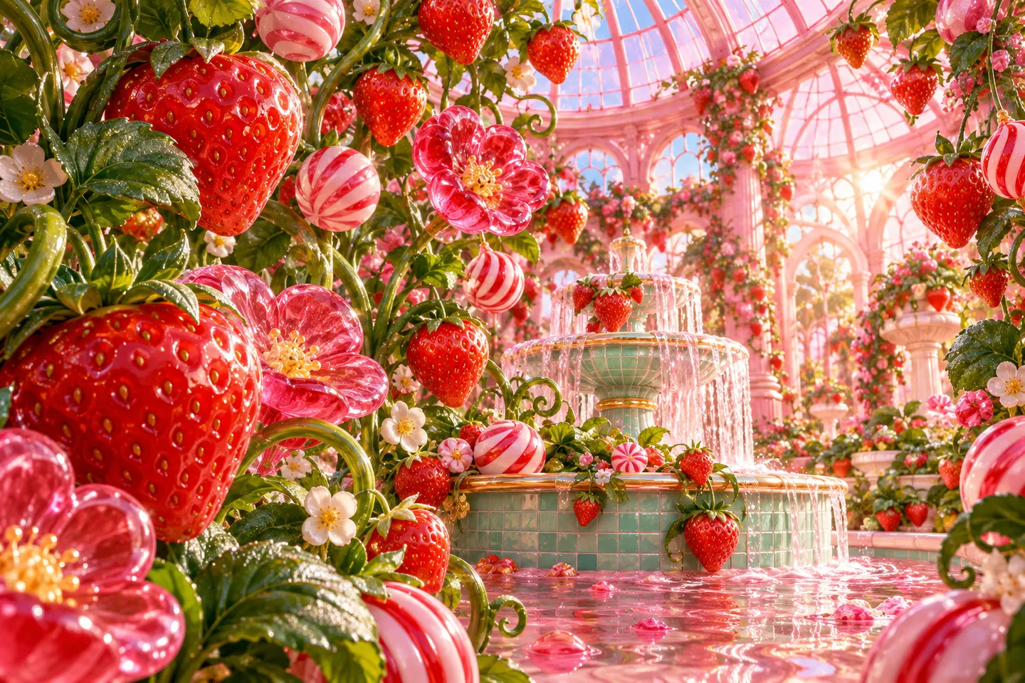 Strawberry vines and translucent raspberry jelly flowers beside a mint fountain