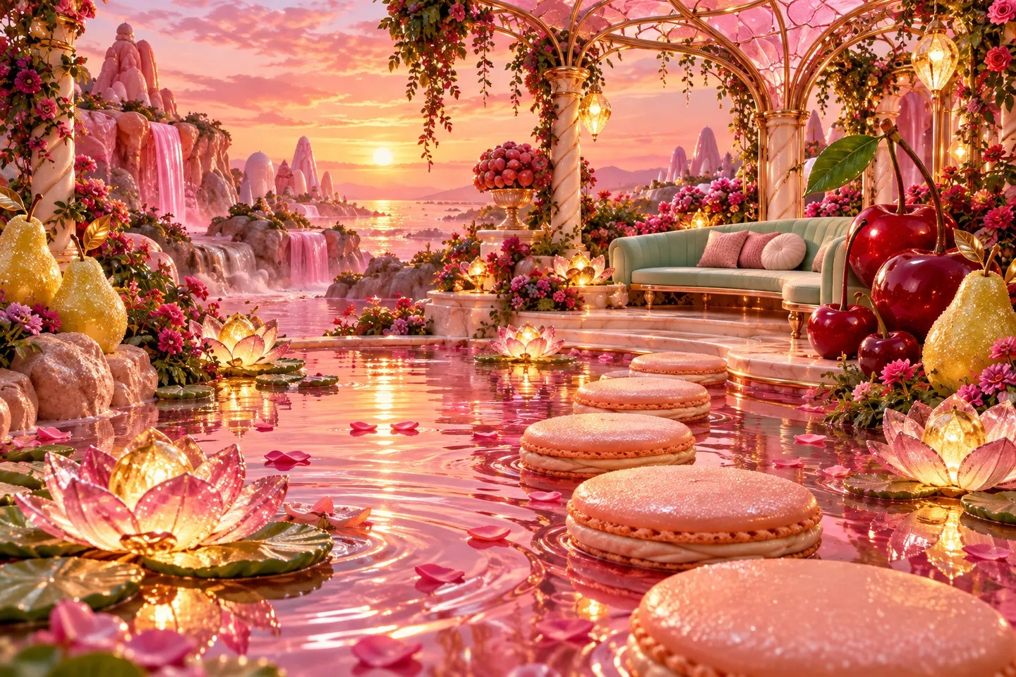 Peach macaron stepping stones crossing a pink pond in a quiet sugar lily garden