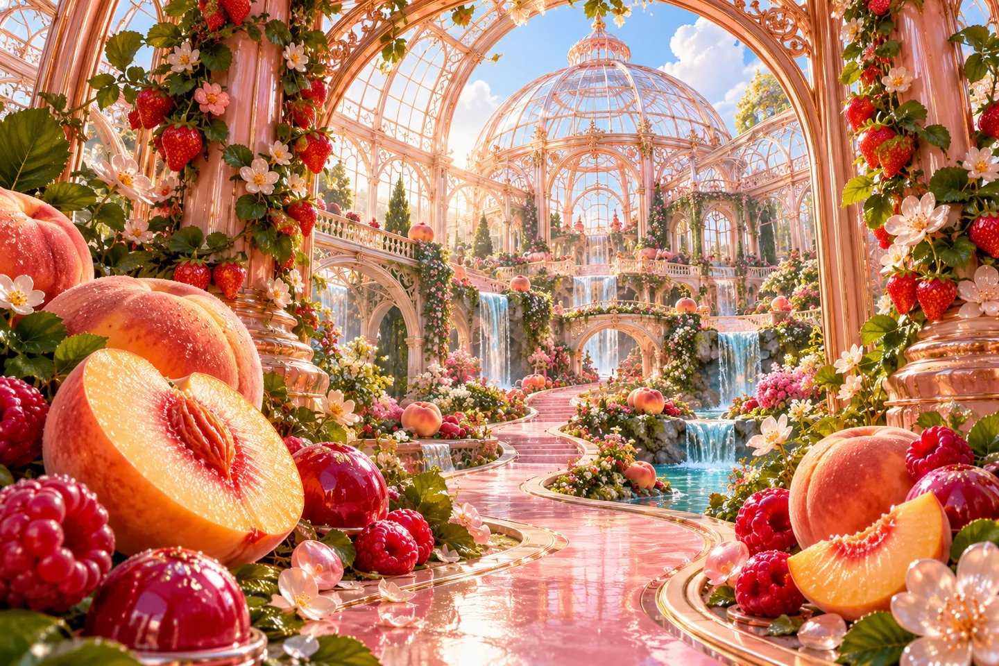 Rose glass arches above a peach and raspberry garden with a flowing pink path