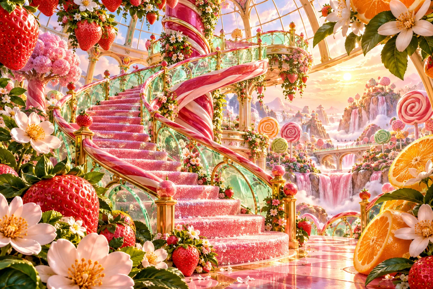 A strawberry ribbon staircase spiralling through a luminous candy botanical dome
