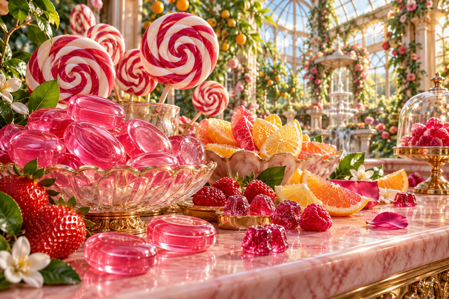 Translucent pink lozenges, raspberry lollipops and sugared citrus petals on a rose marble counter