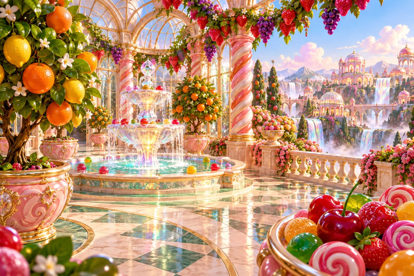 Candy citrus trees, a crystal sugar fountain and peach glass domes from an upper terrace